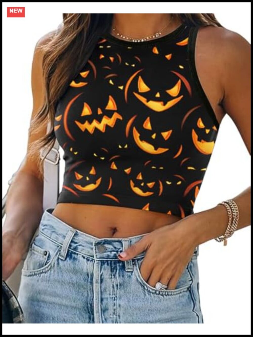Women's Halloween Crop Tank Top 3D Skull Pumpkin Sleeveless Slim Fit Party
